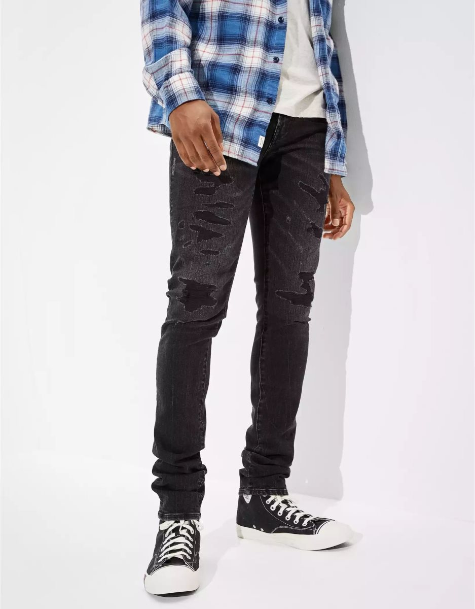 Jean American Eagle AE AirFlexPatched Stacked Mince Noir Homme | FTA-70284715